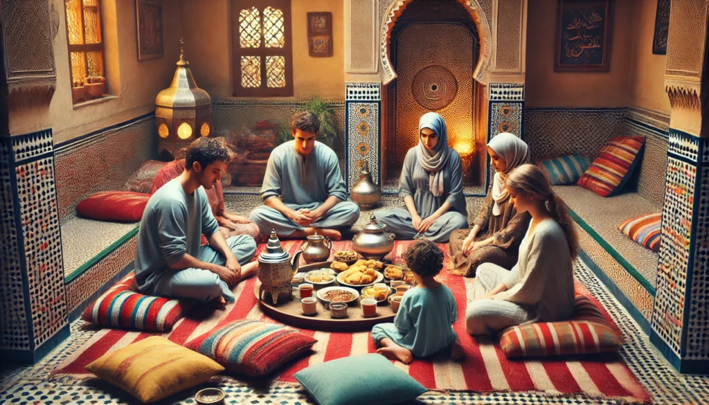 أسرة مغربية تجلس على الأرض في وضعية تقليدية حول طاولة منخفضة أثناء تناول الطعام، مما يبرز أحد أسباب آلام الظهر في المغرب بسبب الجلوس المطول.