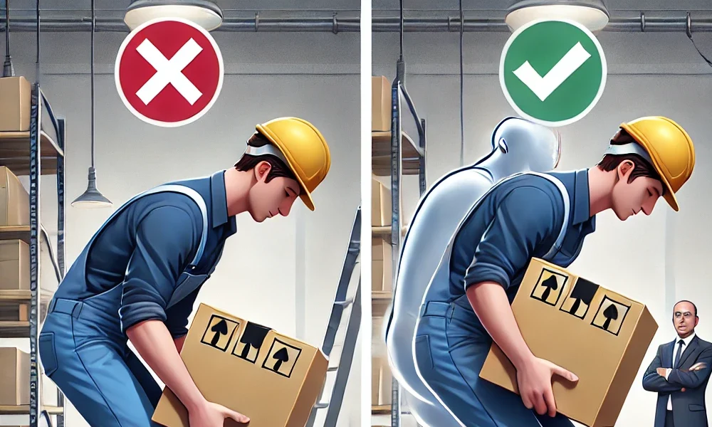 صورة تعليمية لعامل يرفع صندوقًا ثقيلًا باستخدام وضعية صحيحة لتجنب آلام أسفل الظهر، مع شخصية باهتة تُظهر تقنية الرفع الخاطئة لتوضيح الفرق.
