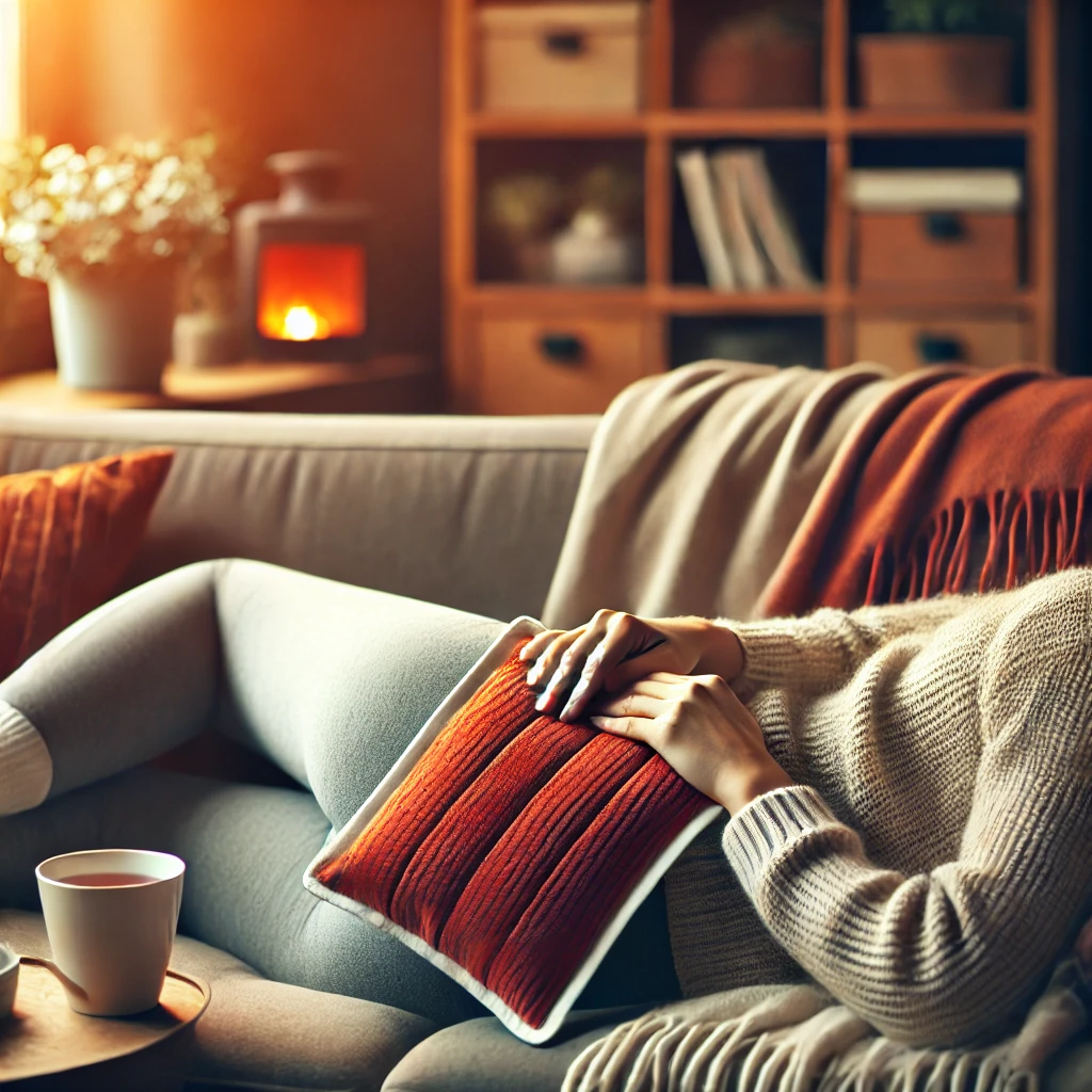 شخص مستلقٍ على أريكة مريحة، يضع كمادة حرارية على منطقة أسفل الظهر ويمدد ساقيه بلطف، في مشهد يرمز إلى العناية الذاتية وتخفيف آلام أسفل الظهر.