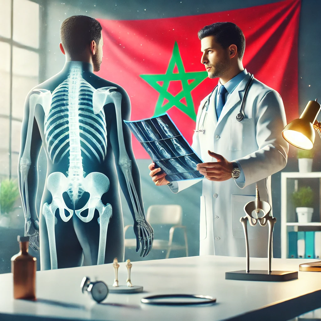 طبيب يرتدي معطفًا أبيض يشرح صورة أشعة لمريض داخل عيادة حديثة مع ظهور علم المغرب في الخلفية ومجسمات للعظام وسماعة طبية على المكتب.