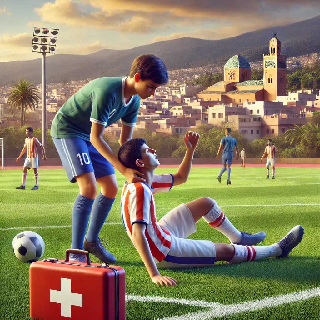 لاعب كرة قدم شاب على أرضية الملعب يتلقى مساعدة من زميله بعد سقوطه، مع حقيبة إسعافات أولية قريبة وخلفية تضم جبال المغرب أو بلدة ساحلية.