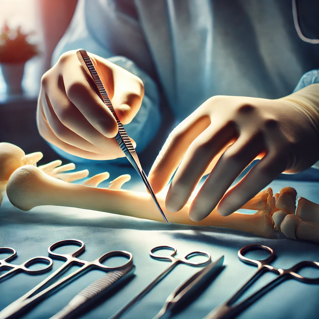 لقطة قريبة لأيدي جراح عظام أثناء إجراء طبي باستخدام أدوات دقيقة وفي بيئة جراحية معقمة، مما يبرز أهمية اختيار جراح العظام في المغرب