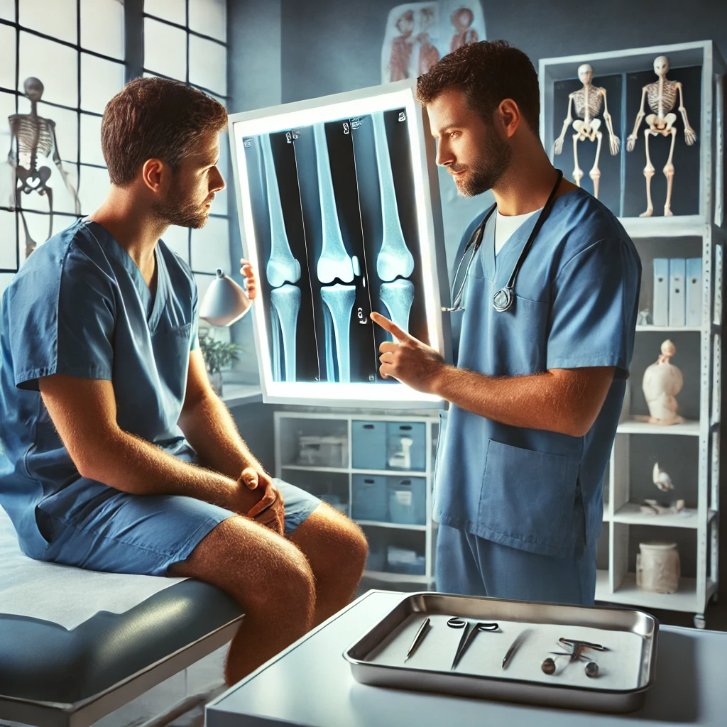 طبيب عظام يفحص صورة أشعة لمريض في عيادة حديثة، مع أدوات طبية ونماذج عظام تظهر في الخلفية. الهدف هو تعزيز خدمات traumatologie.ma.