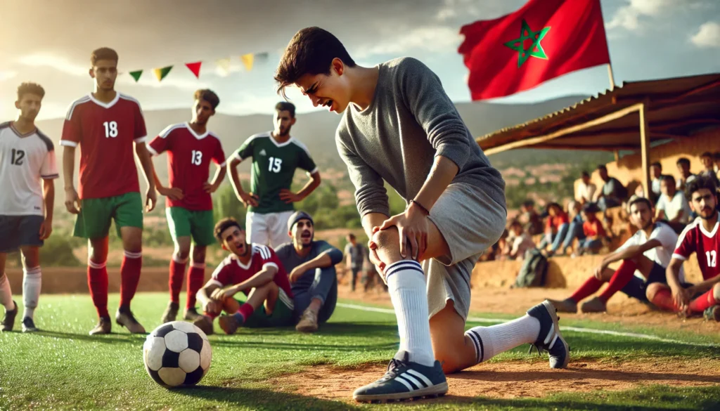 لاعب كرة قدم مغربي شاب يمسك بركبته بعد سقوطه في ملعب كرة قدم ريفي، محاطًا بزملائه والمتفرجين، مع ظهور الأعلام المغربية في الخلفية.