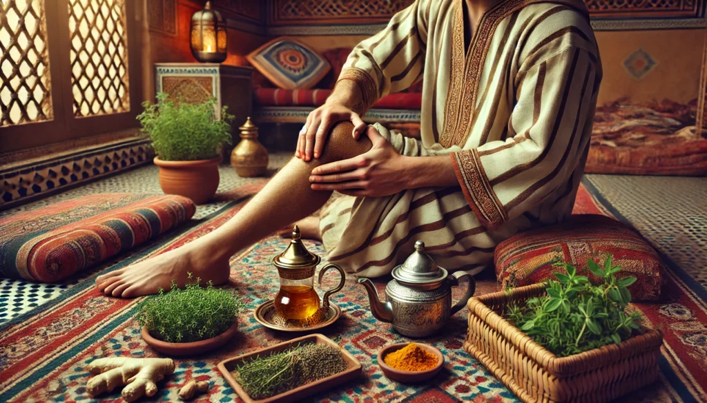 رجل مغربي يجلس على الأرض ويدلك ركبته بزيت الأركان الدافئ، محاطًا بأعشاب طبيعية مثل الزعتر والزنجبيل والكركم، في غرفة مغربية تقليدية تحتوي على طاولة منخفضة وسجادة مزخرفة.