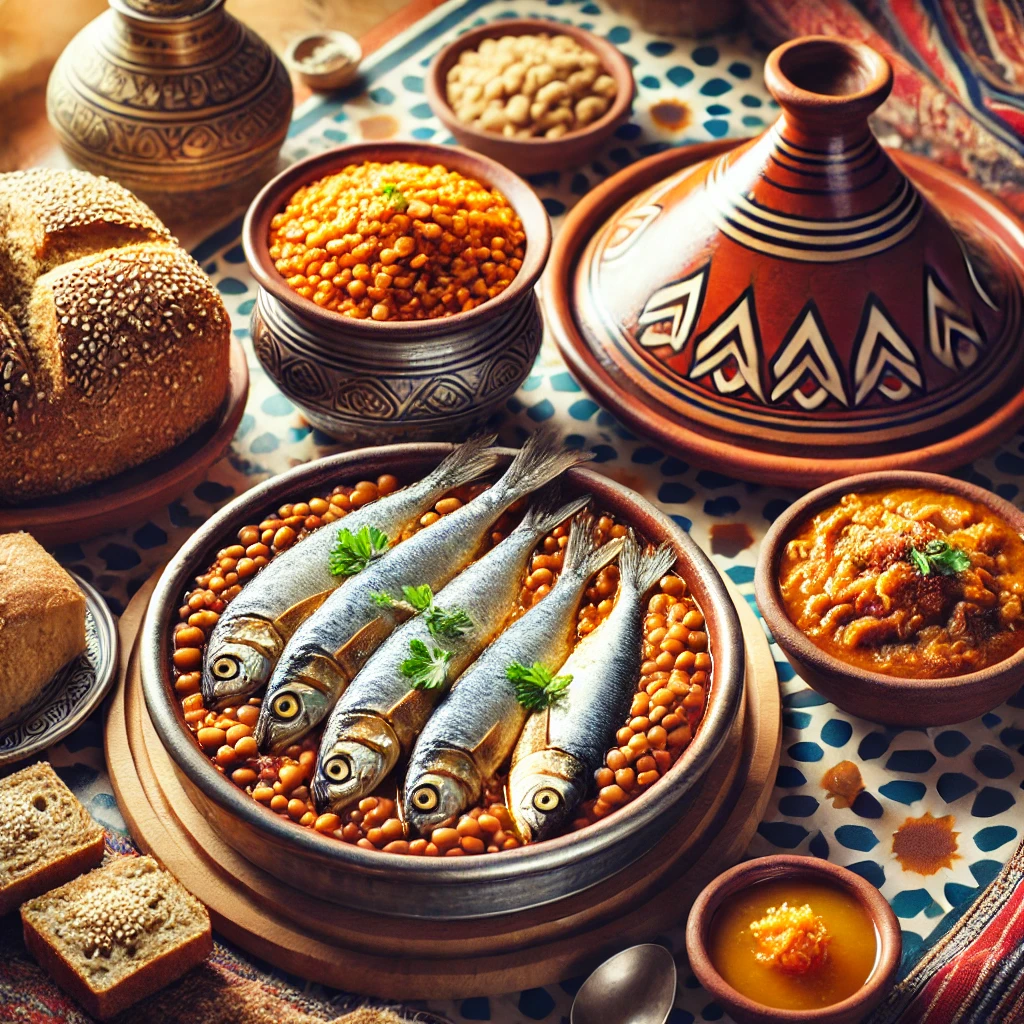 وجبة مغربية تقليدية على طاولة تضم طاجين بالسردين، طبق عدس مطبوخ، خبز مغربي طازج، وطبق صغير من معجون السمسم واللوز (أملو)، مع تفاصيل زخارف مغربية ترمز إلى نظام غذائي صحي يدعم صحة العظام.