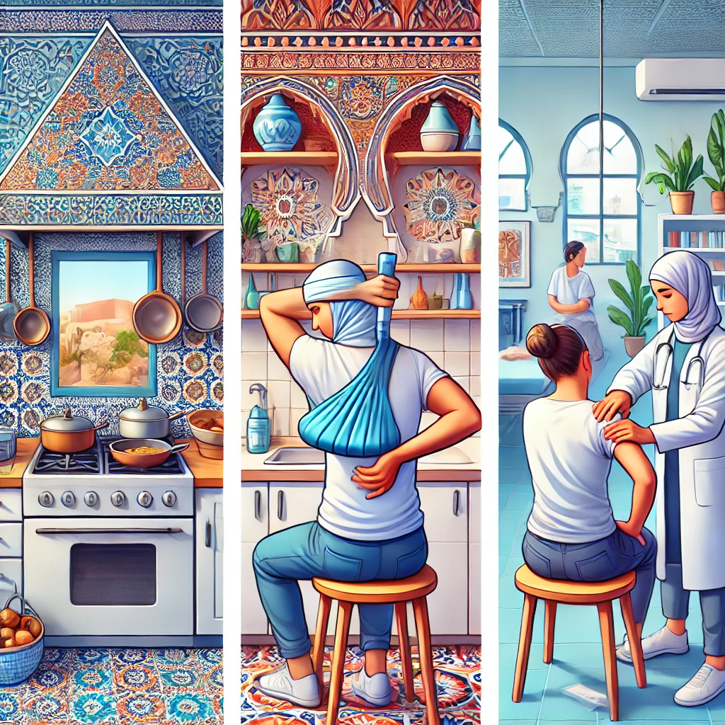 صورة توضيحية لشخص يتكيف مع أنشطته اليومية لإدارة ألم الكتف. يظهر في الصورة شخص يستخدم أدوات مريحة أثناء الطهي في مطبخ بتصميم مغربي تقليدي، وآخر يضع كيس ثلج على كتفه لتخفيف الألم، وسيناريو ثالث يظهر متابعة مع طبيب في عيادة طبية حديثة.