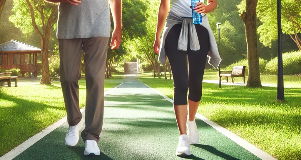رجل وامرأة في منتصف العمر يسيران بنشاط في حديقة مشمسة، حاملين زجاجات ماء، مع أشعة الشمس التي تتخلل الأشجار، مما يرمز إلى أهمية التمارين الرياضية وفيتامين د لصحة العظام والوقاية من هشاشة العظام.