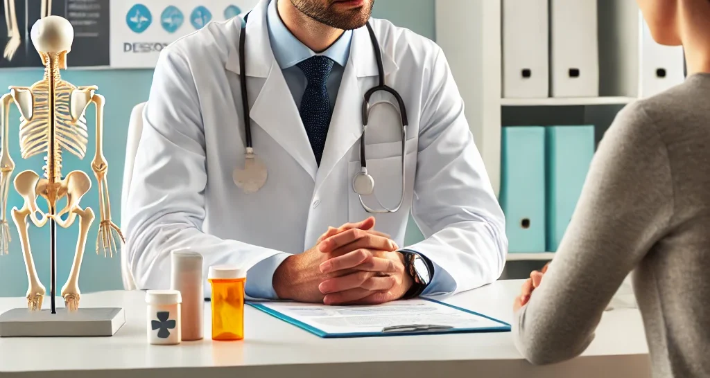 طبيب يرتدي معطفًا أبيض يناقش خيارات علاج هشاشة العظام مع مريض في عيادة حديثة. يظهر على المكتب نموذج هيكل عظمي وزجاجات أدوية، وفي الخلفية مخطط يعرض إحصائيات وخطط علاج هشاشة العظام.