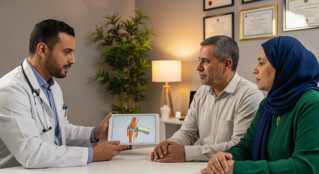 Chirurgien orthopédiste marocain présentant un modèle 3D de prothèse genou à un couple de patients lors d'une consultation