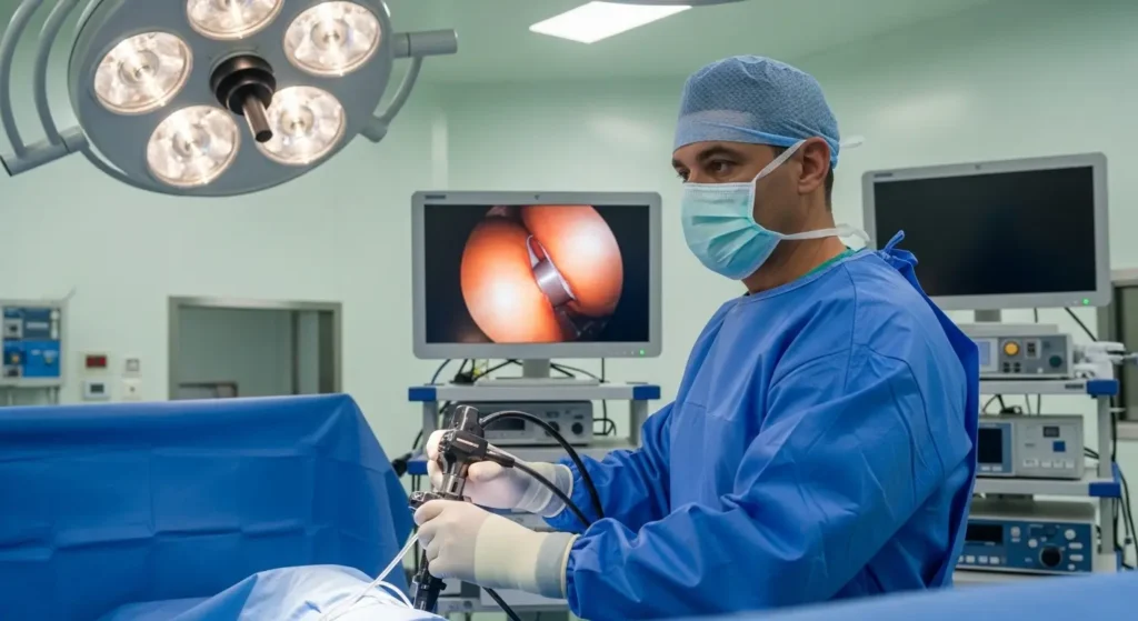 Chirurgien orthopédiste réalisant une arthroscopie du genou dans une clinique marocaine