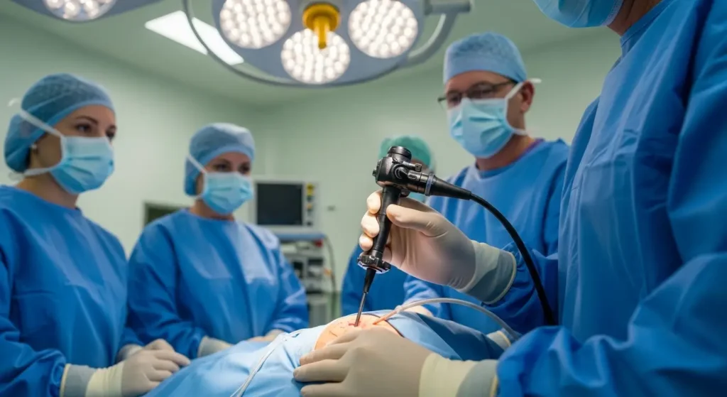 Chirurgien réalisant une arthroscopie du genou au bloc opératoire dans une clinique marocaine