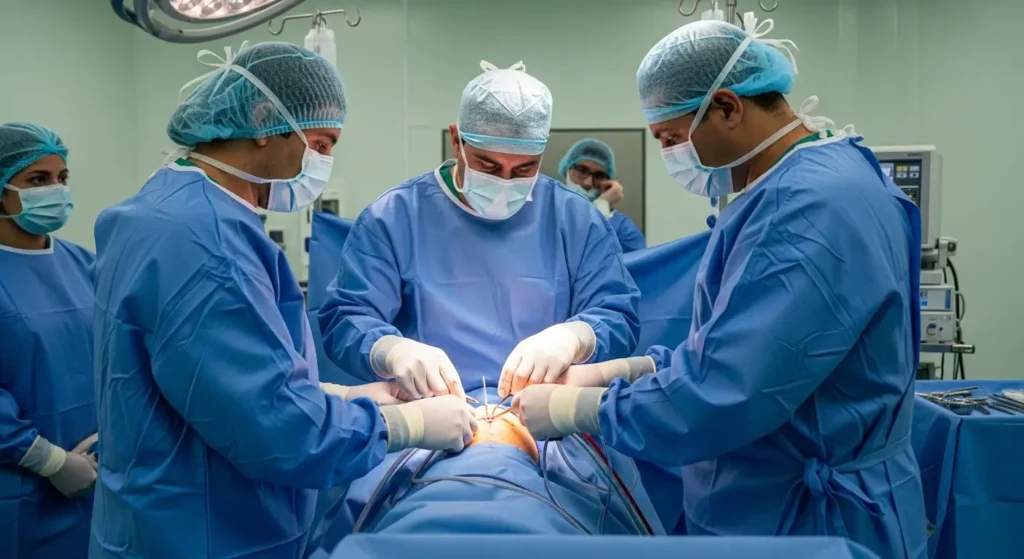 Équipe chirurgicale marocaine en salle d'opération lors d'une intervention de pose de prothèse de genou