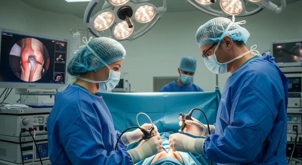 Équipe chirurgicale réalisant une opération arthroscopique du ligament croisé antérieur