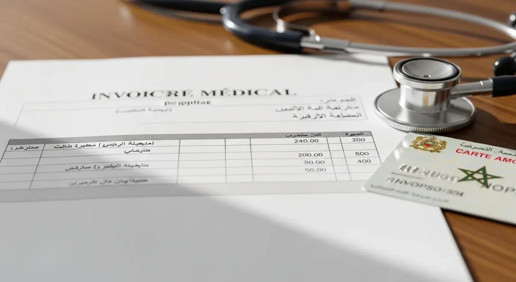 Facture médicale détaillée d'une opération prothèse genou posée sur un bureau avec une carte d'assurance maladie AMO au Maroc