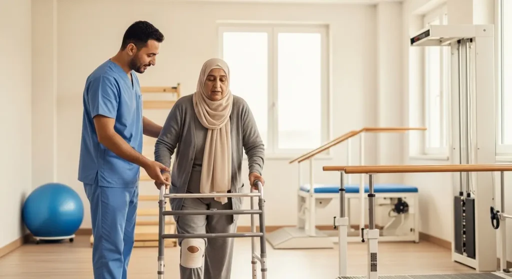 Kinésithérapeute marocain assistant une patiente âgée lors de sa rééducation après une opération prothèse de genou