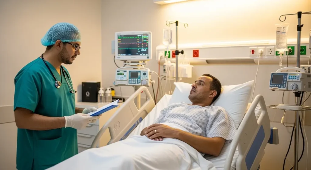 Médecin anesthésiste expliquant le déroulement de l'opération du ménisque à un patient marocain avant l'intervention