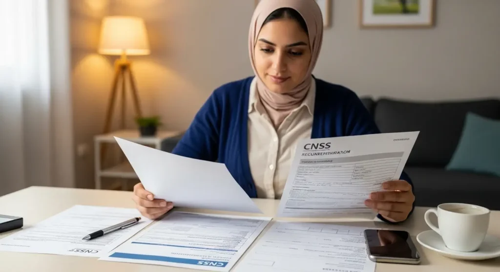 Patiente marocaine consultant ses documents de remboursement AMO et CNSS pour une arthroscopie du genou