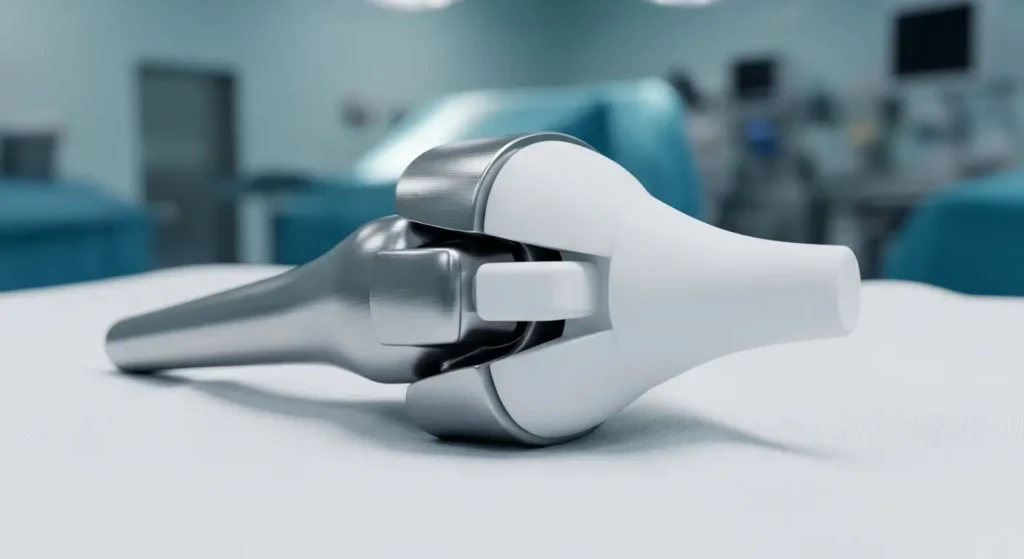 Prothèse totale de genou en métal et polyéthylène présentée sur un champ opératoire stérile