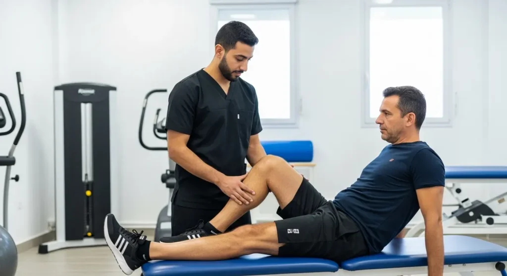 Séance de kinésithérapie et rééducation du genou après une arthroscopie dans une clinique marocaine