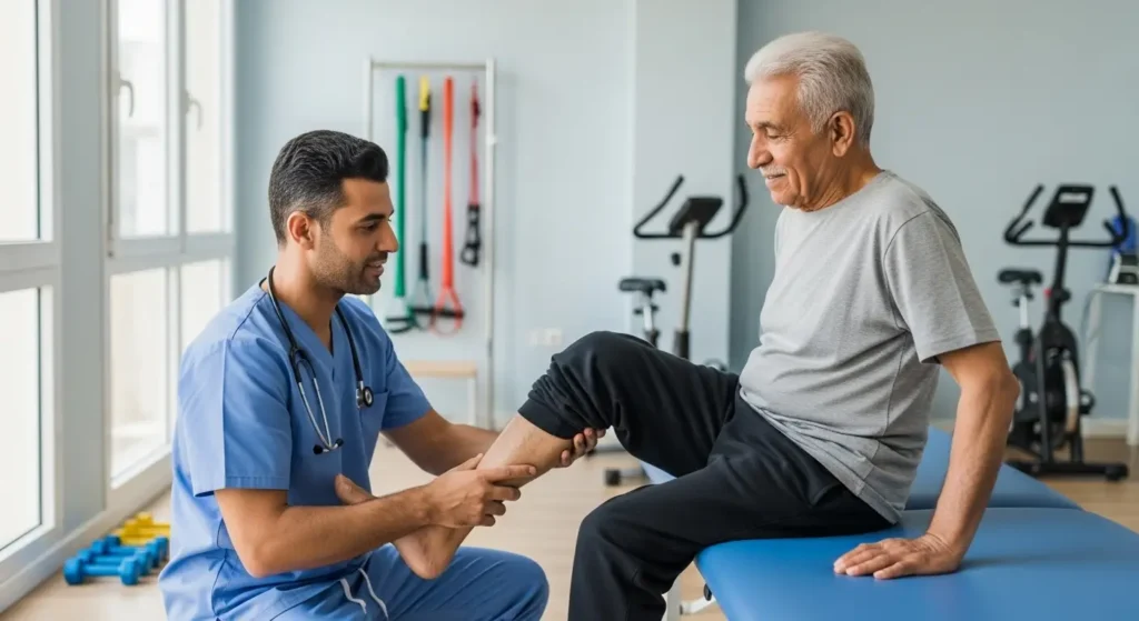 Séance de kinésithérapie post-opératoire du genou dans un cabinet de rééducation au Maroc
